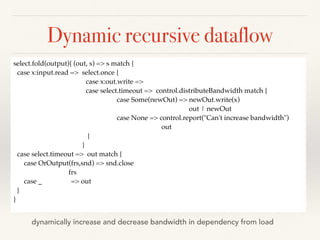 Dynamic recursive dataflow
select.fold(output){ (out, s) => s match {
case x:input.read => select.once {
case x:out.write =>
case select.timeout => control.distributeBandwidth match {
case Some(newOut) => newOut.write(x)
out | newOut
case None => control.report("Can't increase bandwidth")
out
}
}
case select.timeout => out match {
case OrOutput(frs,snd) => snd.close
frs
case _ => out
}
}
dynamically increase and decrease bandwidth in dependency from load
 