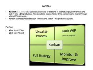 KANBAN

•   Kanban (かんばん(看板)?) (literally signboard or billboard) is a scheduling system for lean and
    just-in-time (JIT) production. According to its creator, Taiichi Ohno, kanban is one means through
    which JIT is achieved.
•   Kanban is concept related to Lean Thinking and Just In Time production system.



Define
•   Kan: Visual / Sign
•   Ban: Card / Board
 
