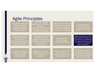 Agile Principles
Our highest priority is to
satisfy the customer
through early and
continuous delivery of
valuable software.
Welcome changing
requirements, even late in
development.
Agile processes harness
change for the customer's
competitive advantage.
Deliver working software
frequently, from a couple
of weeks to a couple of
months, with a preference
to the shorter timescale.
Business people
and developers must
work together daily
throughout the project.
Build projects around
motivated individuals.
Give them the
environment and support
they need, and trust them
to get the job done.
The most efficient and
effective method of
conveying information to
and within a development
team is face-to-face
conversation.
Working software
is the primary
measure of progress.
Agile processes promote
sustainable development.
The sponsors, developers,
and users should be able
to maintain a constant
pace indefinitely.
Continuous attention
to technical excellence
and good design
enhances agility.
Simplicity -- the art of
maximizing the amount
of work not done -- is
essential.
The best architectures,
requirements, and
designs emerge from self-
organizing teams.
At regular intervals, the
team reflects on how to
become more effective,
then tunes and adjusts its
behavior accordingly.
 