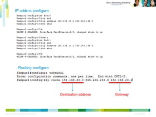 © 2011 Cisco and/or its affiliates. All rights reserved. Cisco Confidential
Cisco Confidential© 2011 Cisco and/or its affiliates. All rights reserved. 9
IP addres configure
Routing configure
Destination address Gateway
 