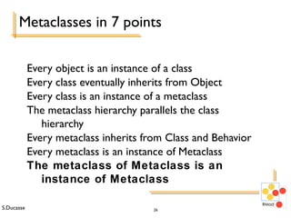 S.Ducasse 26
Metaclasses in 7 points
Every object is an instance of a class
Every class eventually inherits from Object
Every class is an instance of a metaclass
The metaclass hierarchy parallels the class
hierarchy
Every metaclass inherits from Class and Behavior
Every metaclass is an instance of Metaclass
The metaclass of Metaclass is an
instance of Metaclass
 