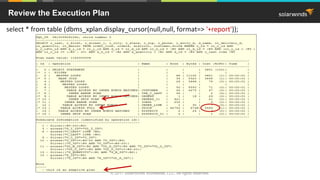 © 2017 SolarWinds Worldwide, LLC. All rights reserved.
Review the Execution Plan
select * from table (dbms_xplan.display_cursor(null,null, format=> '+report'));
 
