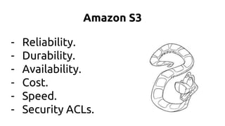 Amazon S3
- Reliability.
- Durability.
- Availability.
- Cost.
- Speed.
- Security ACLs.
 