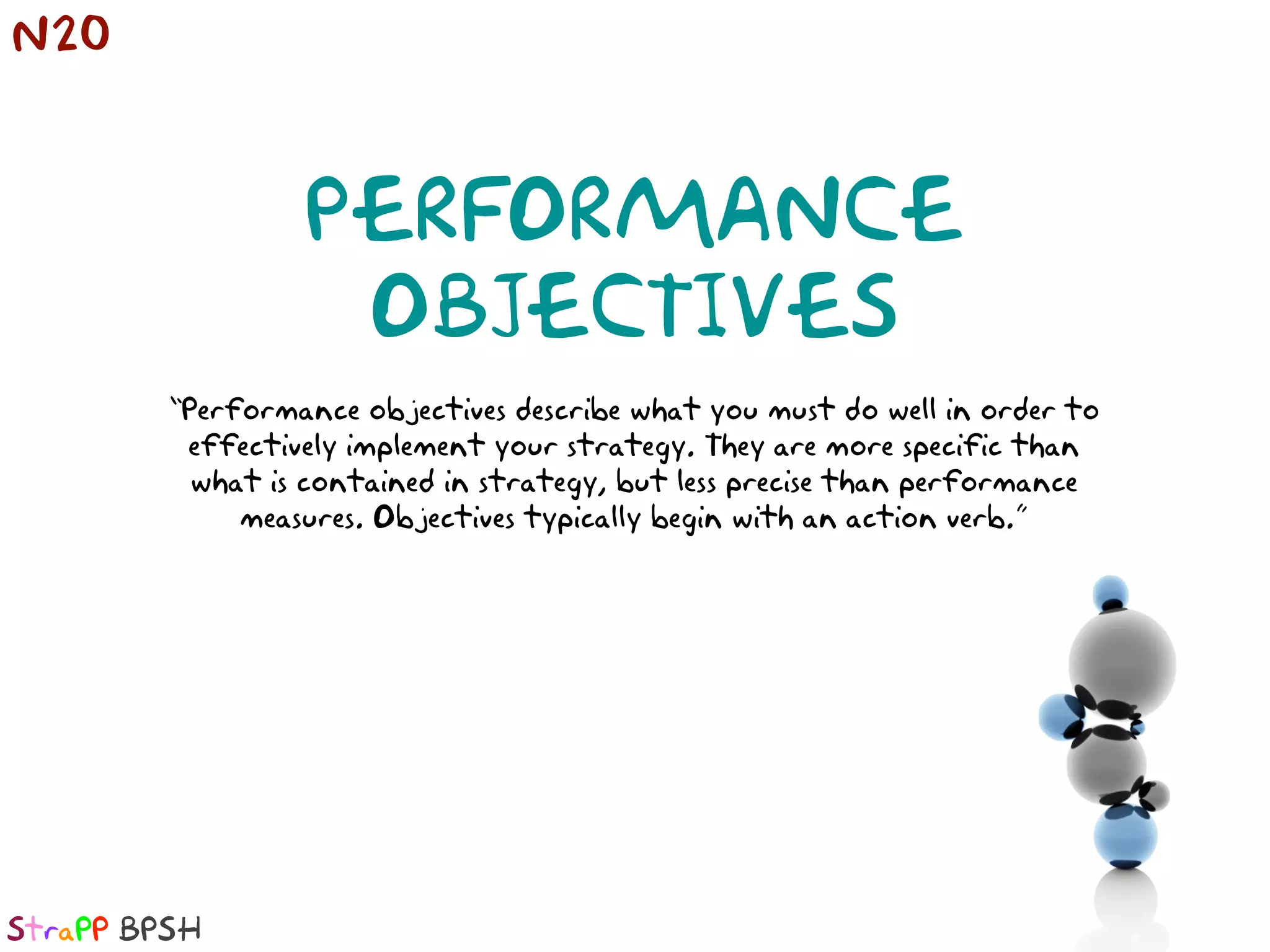 N20



                  PERFORMANCE
                   OBJECTIVES
         “Performance objectives describe what you must do well in order to
          effectively implement your strategy. They are more specific than
           what is contained in strategy, but less precise than performance
              measures. Objectives typically begin with an action verb.”




StraPP BPSH
 