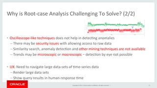 Copyright	©	2017,	Oracle	and/or	its	aﬃliates.	All	rights	reserved.		|	
Why	is	Root-case	Analysis	Challenging	To	Solve?	(2/2)	
•  Oscilloscope-like	techniques	does	not	help	in	detec&ng	anomalies	
– There	may	be	security	issues	with	allowing	access	to	raw	data	
– Similarity	search,	anomaly	detec&on	and	other	mining	techniques	are	not	available	
– Trends	may	be	microscopic	or	macroscopic	–	detec&on	by	eye	not	possible	
•  UX:	Need	to	navigate	large	data-sets	of	&me-series	data	
– Render	large	data	sets	
– Show	query	results	in	human-response	&me	
11	
 