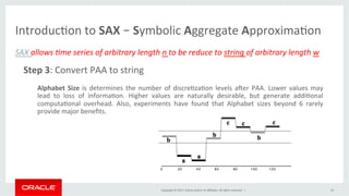 Copyright	©	2017,	Oracle	and/or	its	aﬃliates.	All	rights	reserved.		|	
Introduc&on	to	SAX	– Symbolic	Aggregate	Approxima&on	
14	
SAX	allows	*me	series	of	arbitrary	length	n	to	be	reduce	to	string	of	arbitrary	length	w	
	
		
Step	3:	Convert	PAA	to	string	
Alphabet	Size	is	determines	the	number	of	discre&za&on	levels	aler	PAA.	Lower	values	may	
lead	 to	 loss	 of	 informa&on.	 Higher	 values	 are	 naturally	 desirable,	 but	 generate	 addi&onal	
computa&onal	 overhead.	 Also,	 experiments	 have	 found	 that	 Alphabet	 sizes	 beyond	 6	 rarely	
provide	major	beneﬁts.	
	
 