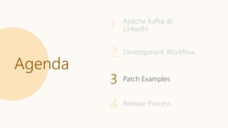 Agenda
1 Apache Kafka @
LinkedIn
2 Development Workflow
3 Patch Examples
4 Release Process
 