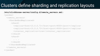 Clusters deﬁne sharding and replication layouts
/etc/clickhouse-server/config.d/remote_servers.xml:
<yandex>
<remote_servers>
<ShardedAndReplicated>
<shard>
<replica><host>10.0.0.71</host><port>9000</port></replica>
<replica><host>10.0.0.72</host><port>9000</port></replica>
<internal_replication>true</internal_replication>
</shard>
<shard>
. . .
</shard>
</ShardedAndReplicated>
</remote_servers>
</yandex>
 