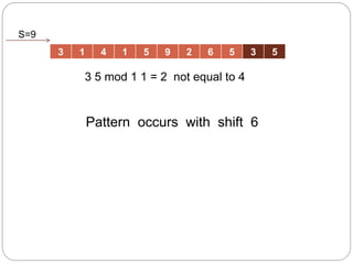 3 1 4 1 5 9 2 6 5 3 5
3 5 mod 1 1 = 2 not equal to 4
S=9
Pattern occurs with shift 6
 