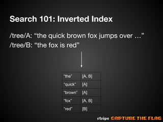 Search 101: Inverted Index
/tree/A: “the quick brown fox jumps over …”
/tree/B: “the fox is red”

“the”

[A, B]

“quick”

[A]

“brown”

[A]

“fox”

[A, B]

“red”

[B]

 