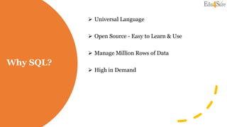 Why SQL?
 Universal Language
 Open Source - Easy to Learn & Use
 Manage Million Rows of Data
 High in Demand
 
