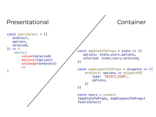 const UsersSelect = ({
onSelect,
options,
selected,
}) => (
<Select
value={selected}
options={options}
onChange={onSelect}
/>
)
Presentational
const mapStateToProps = state => ({
options: state.users.options,
selected: state.users.selected,
})
const mapDispatchToProps = dispatch => ({
onSelect: options => dispatch({
type: 'SELECT_USER',
options,
})
})
const Users = connect
(mapStateToProps, mapDispatchToProps)
(UsersSelect)
Container
 