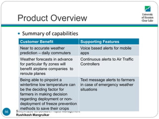 SWEN 5230-03 Software Project Management
Rushikesh Mangrulkar
Product Overview
 Summary of capabilities
Customer Benefit Supporting Features
Near to accurate weather
prediction – daily commuters
Voice based alerts for mobile
apps
Weather forecasts in advance
for particular fly zones will
benefit airplane companies to
reroute planes
Continuous alerts to Air Traffic
Controllers
Being able to pinpoint a
wintertime low temperature can
be the deciding factor for
farmers in making decision
regarding deployment or non-
deployment of freeze prevention
methods to save their crops
Text message alerts to farmers
in case of emergency weather
situations
56
 