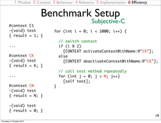 1 Mindset 2 Context 3 Behaviour 4 Relations 5 Implementation 6 Efﬁciency

                           Benchmark Setup
                                                      Subjective-C
        #context C1
        -(void) test              for (int i = 0; i < 1000; i++) {
        { result = 1; }
                                      // switch context
        ...                           if (i % 2)
                                        [CONTEXT activateContextWithName:@"CK"];
        #context CK                   else
        -(void) test                    [CONTEXT deactivateContextWithName:@"CK"];
        { result = K; }
                                      // call test method repeatedly
        ...                           for (int j = 0; j < M; j++)
                                        [self test];
        #context CN               }
        -(void) test
        { result = N; }

        -(void) test
        { result = 0; }
                                                                                        19
Thursday 21 October 2010
 