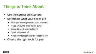 Things to Think About
• Use the correct architecture
• Determine what your needs are
• Multiple heterogeneous data sources?
• Huge amounts of complex data?
• Sophisticated aggregations?
• Quick self-service?
• Need to interact? share? collaborate?
• Choose the right tools for you
 
