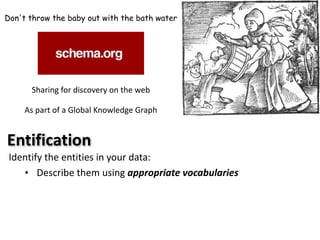 Don't throw the baby out with the bath water 
Sharing 
for 
discovery 
on 
the 
web 
As 
part 
of 
a 
Global 
Knowledge 
Graph 
Entification 
Identify 
the 
entities 
in 
your 
data: 
• Describe 
them 
using 
appropriate 
vocabularies 
 