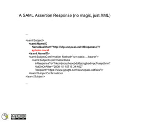 A SAML Assertion Response (no magic, just XML)



   ...

   <saml:Subject>
      <saml:NameID
         NameQualifier="http://idp.unopass.net:80/opensso">
         sylvain.maret
      </saml:NameID>
      <saml:SubjectConfirmation Method="urn:oasis:...:bearer">
         <saml:SubjectConfirmationData
           InResponseTo="hkcmljnccpheoobdofbjcngjbadmgcfhaapdbnni"
           NotOnOrAfter="2008-10-15T17:34:46Z"
           Recipient="https://www.google.com/a/unopass.net/acs"/>
      </saml:SubjectConfirmation>
   </saml:Subject>

   ...
 