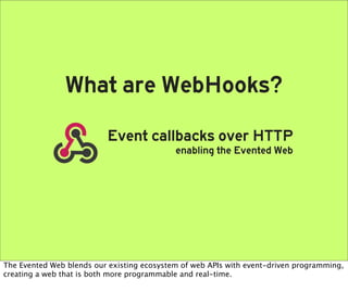 What are WebHooks?
                          Event callbacks over HTTP
                                            enabling the Evented Web




The Evented Web blends our existing ecosystem of web APIs with event-driven programming,
creating a web that is both more programmable and real-time.
 