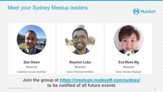 All contents © MuleSoft, LLC
Meet your Sydney Meetup leaders
2
Join the group at https://meetups.mulesoft.com/sydney/
to be notified of all future events
 