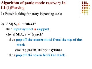 Algorithm of panic mode recovery in
LL(1)Parsing
1) Parser looking for entry in parsing table
2) if M[A, a] = ‘Blank’
then input symbol a skipped
else if M[A, a]= “Synch”
then pop off the nonterminal from the top of the
stack
else top[token] ≠ Input symbol
then pop off the token from the stack
 