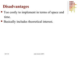 Disadvantages
 Too costly to implement in terms of space and
time.
 Basically includes theoretical interest.
04/11/19 swati chauhan (KIET)
 
