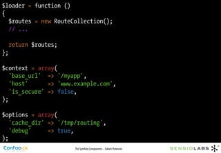 $loader = function ()
{
  $routes = new RouteCollection();
  // ...

  return $routes;
};

$context = array(
   'base_url' => '/myapp',
   'host'      => 'www.example.com',
   'is_secure' => false,
);

$options = array(
   'cache_dir' => '/tmp/routing',
   'debug'     => true,
);
                       The Symfony Components – Fabien Potencier
 