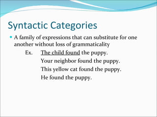Syntactic Categories A family of expressions that can substitute for one another without loss of grammaticality Ex.  The child found  the puppy. Your neighbor found the puppy. This yellow cat found the puppy. He found the puppy. 