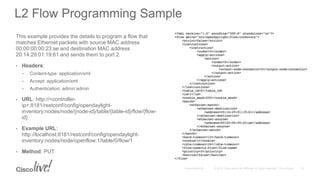 This example provides the details to program a flow that
matches Ethernet packets with source MAC address
00:00:00:00:23:ae and destination MAC address
20:14:29:01:19:61 and sends them to port 2.
• Headers:
• Content-type: application/xml
• Accept: application/xml
• Authentication: admin:admin
• URL: http://<controller-
ip>:8181/restconf/config/opendaylight-
inventory:nodes/node/{node-id}/table/{table-id}/flow/{flow-
id}
• Example URL:
http://localhost:8181/restconf/config/opendaylight-
inventory:nodes/node/openflow:1/table/0/flow/1
• Method: PUT
L2 Flow Programming Sample
 