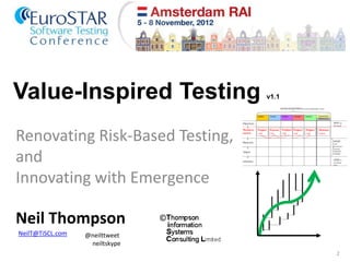 Value-Inspired Testing v1.1 
Renovating Risk-Based Testing, 
and 
Innovating with Emergence 
2 
Neil Thompson © 
NeilT@TiSCL.com @neilttweet 
neiltskype 
 