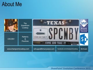 About Me

The
SharePoint
Cowboy

Eric Shupps

CKS:DEV

Patterns
&
Practices

www.sharepointcowboy.com

eshupps@binarywave.com

facebook.com/sharepointcowboy

@eshupps

 