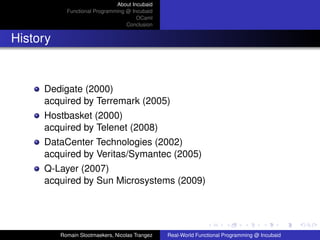 About Incubaid
            Functional Programming @ Incubaid
                                       OCaml
                                   Conclusion


History


     Dedigate (2000)
     acquired by Terremark (2005)
     Hostbasket (2000)
     acquired by Telenet (2008)
     DataCenter Technologies (2002)
     acquired by Veritas/Symantec (2005)
     Q-Layer (2007)
     acquired by Sun Microsystems (2009)




          Romain Slootmaekers, Nicolas Trangez   Real-World Functional Programming @ Incubaid
 