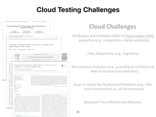 !25
Cloud	Challenges
Veriﬁca(on	and	Valida(on	(V&V)	of	Cloud-na(ve	(CNA)	
proper(es	(e.g.,	composi(on,	elas(c	scalability)	
CNAs	Adapta(ons	(e.g.,	migra(on)	
Microservices	Evolu(on	(e.g.,	providing	an	architectural	
view	of	microservices	evolu(on)	
Local	v.s.	Global	Veriﬁca(on	and	Valida(on	(e.g.,	V&V	
local	microservices	v.s.	all	microservices)	
Execu(on	Time	(Eﬃcient	and	Eﬀec(ve)	
Cloud Testing Challenges
 