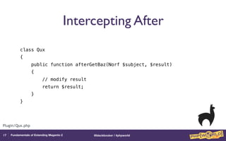 @blackbooker / #phpworldFundamentals of Extending Magento 2
Intercepting After
class Qux
{
public function afterGetBaz(Norf $subject, $result)
{
// modify result
return $result;
}
}
17
Plugin/Qux.php
 