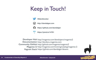 Fundamentals of Extending Magento 2 @blackbooker / #phpworld
Keep in Touch!
54
@blackbooker
https://github.com/davidalger
http://davidalger.com
https://joind.in/14791
Developer Hub
Documentation
Community GitHub
Magento U
Vagrant Stack
http://magento.com/developers/magento2
http://devdocs.magento.com
http://github.com/magento/magento2
http://magento.com/training/catalog/magento-2
https://github.com/davidalger/devenv
 