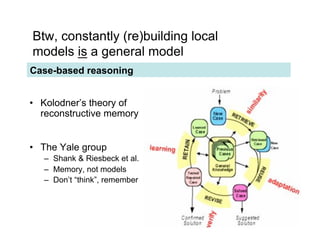 Btw, constantly (re)building local
models is a general model
Case-based reasoning


•! Kolodner’s theory of
   reconstructive memory


•! The Yale group
   –! Shank & Riesbeck et al.
   –! Memory, not models
   –! Don’t “think”, remember
 