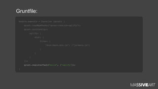 Gruntfile:
module.exports = function (grunt) {
grunt.loadNpmTasks('grunt-contrib-uglify');
grunt.initConfig({
uglify: {
dist: {
files: {
'dist/main.min.js': ['js/main.js']
}
}
}
});
grunt.registerTask(
'build', ['uglify']);
}

 