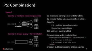 P5: Combination!
41
Combo 1: Multiple streaming queries
id val1 val2
TABLE 1
{ "id": 14, "name": "td", "v": 100..
{ "id": 23, "name": "by", "v": -10..
{ "id": 57, "name": "sz", "v": 34..
…
id val1 val2
TABLE 2
Do expensive parsing once, write to table 1
Do cheaper follow up processing from table 1
Good for
ETL + multiple levels of summaries
Change log + updated table
Still writing + reading table1
Compute once, write multiple times
Cheaper, but looses exactly-once guarantee
id val1 val2
TABLE 3
Combo 2: Single query + foreachBatch
EXPENSIVE
CHEAP
{ "id": 14, "name": "td", "v": 100..
{ "id": 23, "name": "by", "v": -10..
{ "id": 57, "name": "sz", "v": 34..
…
id val1 val2
LOCATION 1
id val1 val2
LOCATION 2
streamingDataFrame.foreachBatch { batchSummaryData =>
// write summary to Delta Lake
// write summary to key value store
}.start()
How?
 