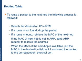 45
Routing Table
 To route a packet to the next-hop the following process is
followed:
– Search the destination IP in RTM
– If a route is not found, drop the packet
– If a route is found, retrieve the MAC of the next-hop
– If the MAC of next-hop is not in ARP, send ARP
request to resolve the address
– When the MAC of the next-hop is available, put the
MAC in the destination field at L2 and send the packet
to the correspondent physical port
 