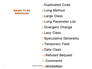 7 Orange restricted
Smells To BeSmells To Be
RefactoredRefactored
1.Duplicated Code
2.Long Method
3.Large Class
4.Long Parameter List
5.Divergent Change
6.Lazy Class
7.Speculative Generality
8.Temporary Field
9.Data Class
10.Refused Bequest
11.Comments
12.MiddleMan
 