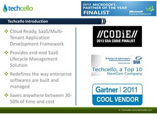 © Techcello www.techcello.com
Techcello Introduction
 Cloud Ready, SaaS/Multi-
Tenant Application
Development Framework
 Provides end-end SaaS
Lifecycle Management
Solution
 Redefines the way enterprise
softwares are built and
managed
 Saves anywhere between 30-
50% of time and cost
 