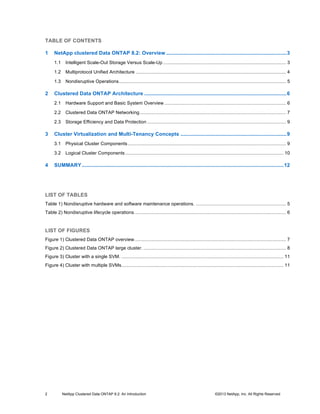 2 NetApp Clustered Data ONTAP 8.2: An Introduction ©2013 NetApp, Inc. All Rights Reserved
TABLE OF CONTENTS
1 NetApp clustered Data ONTAP 8.2: Overview ...................................................................................3
1.1 Intelligent Scale-Out Storage Versus Scale-Up .............................................................................................. 3
1.2 Multiprotocol Unified Architecture ................................................................................................................... 4
1.3 Nondisruptive Operations................................................................................................................................ 5
2 Clustered Data ONTAP Architecture ..................................................................................................6
2.1 Hardware Support and Basic System Overview ............................................................................................. 6
2.2 Clustered Data ONTAP Networking................................................................................................................ 7
2.3 Storage Efficiency and Data Protection .......................................................................................................... 9
3 Cluster Virtualization and Multi-Tenancy Concepts .........................................................................9
3.1 Physical Cluster Components......................................................................................................................... 9
3.2 Logical Cluster Components......................................................................................................................... 10
4 SUMMARY...........................................................................................................................................12
LIST OF TABLES
Table 1) Nondisruptive hardware and software maintenance operations. ..................................................................... 5
Table 2) Nondisruptive lifecycle operations.................................................................................................................... 6
LIST OF FIGURES
Figure 1) Clustered Data ONTAP overview.................................................................................................................... 7
Figure 2) Clustered Data ONTAP large cluster. ............................................................................................................. 8
Figure 3) Cluster with a single SVM. ............................................................................................................................ 11
Figure 4) Cluster with multiple SVMs............................................................................................................................ 11
 