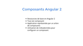 Composants Angular 2
Ressources de base en Angular 2
Tout est composant
Application représentée par un arbre
de composants
Utilisation de métadonnées pour
configurer un composant
 