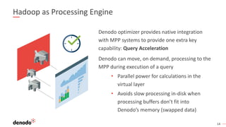 1414
Hadoop as Processing Engine
Denodo optimizer provides native integration
with MPP systems to provide one extra key
capability: Query Acceleration
Denodo can move, on demand, processing to the
MPP during execution of a query
• Parallel power for calculations in the
virtual layer
• Avoids slow processing in-disk when
processing buffers don’t fit into
Denodo’s memory (swapped data)
 