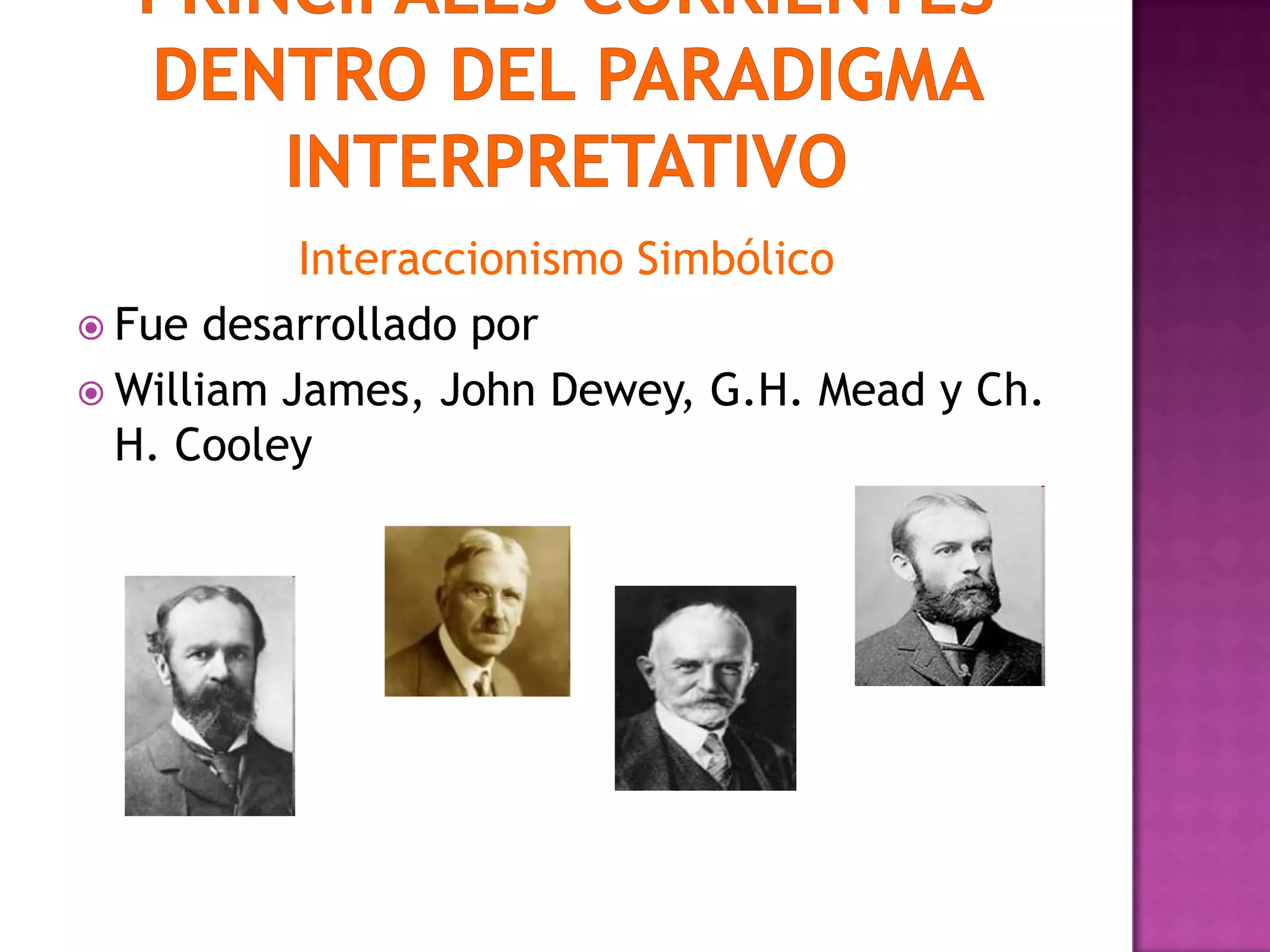 Interaccionismo Simbólico
 Fue desarrollado por
 William James, John Dewey, G.H. Mead y Ch.
H. Cooley
 