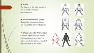  Points:
The figures to the right show the
use of points in object
representation.
 Primitive Geometric Shapes:
Shapes like rectangles, ellipses
can be used to represent objects.
 Object Silhouette And Contour:
Contour representation defines
the boundary of an object. The
region inside the contour is called
the silhouette of the object.
 