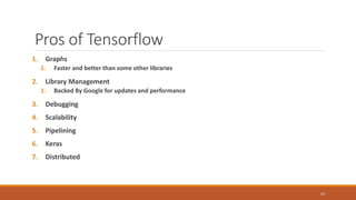 Pros of Tensorflow
1. Graphs
1. Faster and better than some other libraries
2. Library Management
1. Backed By Google for updates and performance
3. Debugging
4. Scalability
5. Pipelining
6. Keras
7. Distributed
22
 
