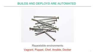 BUILDS AND DEPLOYS ARE AUTOMATED
13
Repeatable environments
Vagrant, Puppet, Chef, Ansible, Docker
 