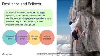 © 2016 Progress Software Corporation and/or its subsidiaries or affiliates. All rights reserved.41
Resilience and Failover
Ability of a server, network, storage
system, or an entire data center, to
continue operating even when there has
been an equipment failure, power
outage or other disruption
Software
error
Hardware
error
Human
error
Natural
Disaster
Picture Credit: http://imperfectspirituality.com/wp-content/uploads/2012/08/Moving-
mountains-with-resilience.jpg
 