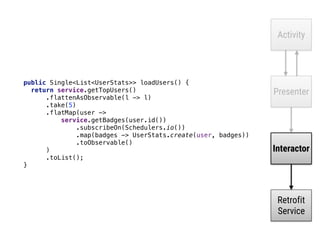 Activity
Presenter
Interactor
Retrofit
Service
public Single<List<UserStats>> loadUsers() { 
return service.getTopUsers() 
.flattenAsObservable(l -> l) 
.take(5) 
.flatMap(user -> 
service.getBadges(user.id())
.subscribeOn(Schedulers.io()) 
.map(badges -> UserStats.create(user, badges)) 
.toObservable() 
)____ 
.toList(); 
}_
 
