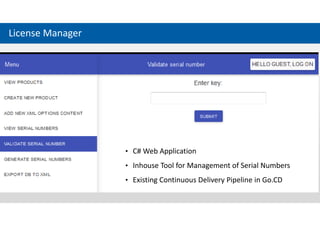 License Manager
• C# Web Application
• Inhouse Tool for Management of Serial Numbers
• Existing Continuous Delivery Pipeline in Go.CD
 